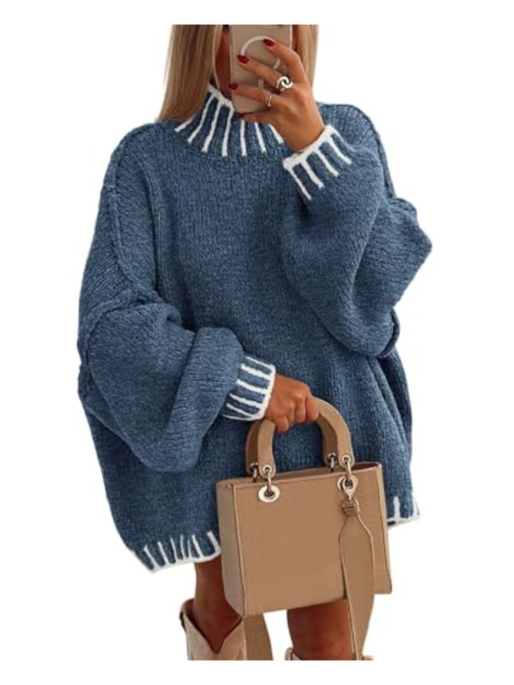 Mock Neck Oversized Pullover Sweater Chunky Knit Tunic